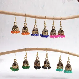 Sukkhi Set Of 6 Gold-Plated Oxidised Artificial Beaded Dome Shaped Jhumkas-image-69