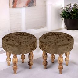 Ikiriya Set of 2 Brown Wooden Round Stools With Velvet Upholstery-picture-15