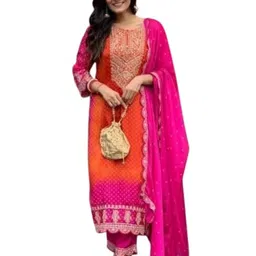 lchub Women's Fashion Regular Georgette Embroidered Crew Neck Kurti with Dupatta & Pant (Kurti_221) image 1