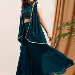 PARROT CREATION Floral Embroidered V-Neck Crop Top & Shrug With Palazzos. image 2