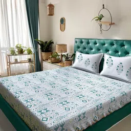 KLOTTHE Green & Blue Geometric Printed 400 TC Cotton King Bedsheet Set 2.70 m x 2.70 m-image-62