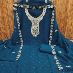 MANVAA Floral Embroidered Beads & Stones Silk Georgette Unstitched Dress Material image 3