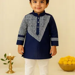 NFC CREATION Boys Ethnic Motifs Printed Regular Dupion Silk Kurta with Pyjamas-picture-34