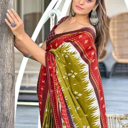 Moda Rapido Women Mustard & Red Block Printed Cotton Saree image 4