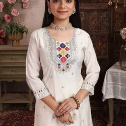 T4You Girls Ethnic Motifs Embroidered Regular Thread Work Kurta with Trousers & With Dupatta image 3