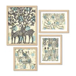 ArtVibes Beige & Blue 4 Pieces Deer Line Printed Wooden Paintings Wall Art-picture-13