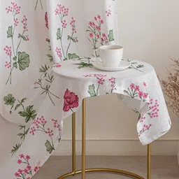 HOMEMONDE White & Pink Set of 2 Floral Sheer Cotton Window Curtains image 4