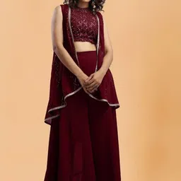 PARROT CREATION Geometric Embroidered Halter Neck Crop Top With Palazzos & Shrug-picture-20