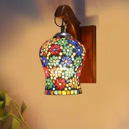 Devansh White & Yellow Floral Printed Wooden Bell Shaped Wall Lamp With Mosaic Glass image 4