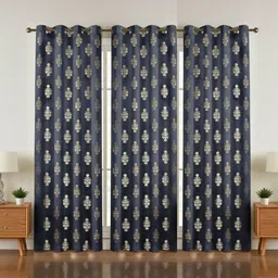 GEET CREATIONS Navy Blue Set of 3 Floral Room Darkening Window Curtain-picture-39