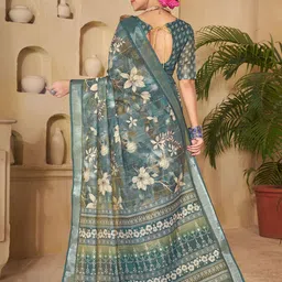 Garden Vareli Floral Block Printed Pure Linen Saree With Unstiched Blouse Piece image 2