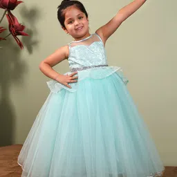 Toy Balloon Kids Girls Blue Round Neck Fit and Flare Net Maxi Dress-picture-24