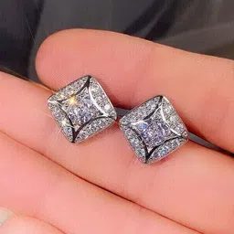 Krelin Sterling Silver Cubic Zirconia Studded Square Shaped Studs image 3