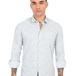 MYLANA Slim Fit Printed Spread Collar Pure Cotton Casual Shirt-image-8