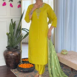 THE52 Women Embroidered Regular Chanderi Silk Kurta with Trousers & With Dupatta-picture-16
