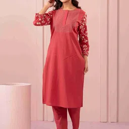 MISRI Floral Yoke Design Thread Work Pure Cotton Straight Kurta With Trouser-image-54