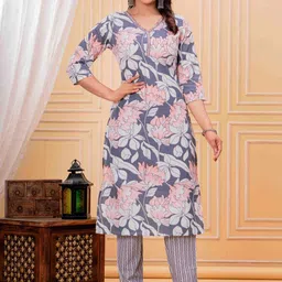 Tvyozs Floral Printed V-Neck Pure Cotton Kurta With Trousers & Dupatta-image-5
