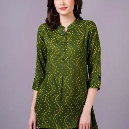 Jyoti Women Green Rayon Printed Mandarin Collar Top image 1