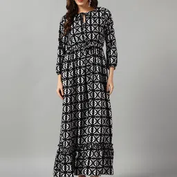 Krunal Raiyani Geometric Printed Tie-Up Neck Puff Sleeves Fit & Flare Midi Dress-image-90