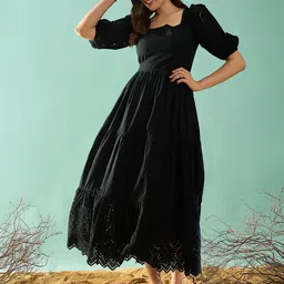 PANIT Solid Puff Sleeves Fit and Flare Dress-picture-11