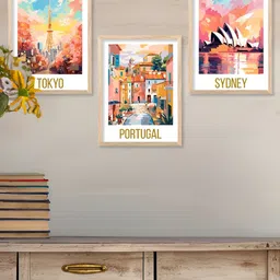 Kotart Brown & Blue 3 Pieces Wooden Travel Wall Arts image 1