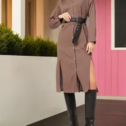DressBerry Chic Slit Textured Midi Shirt Dress-image-72