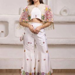 Lagorii Girls Floral Embroidered Round Neck Crop Top & Palazzos With Cape Clothing Set-picture-27