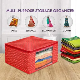 prettykrafts Red & Beige 2 Pieces Cotton Sari Cover Bag Drawer Organiser image 2
