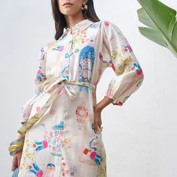 Vara By Vishudh Women Ethnic Motifs Printed Belted Shirt Collar Shirt Dress-image-14