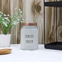 femora Frosted 1000ml Glass (Set Of 4) Kitchen Storage with Gold Lid (Free Replacement of Lids) image 1