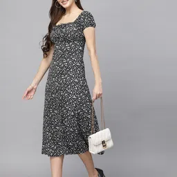 BAESD Women Floral Printed Puff Sleeve A-Line Midi Dress image 2