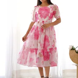 RITIRANG Floral Print Puff Sleeve Georgette Fit & Flare Midi Dress-picture-16