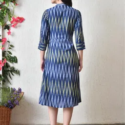 DECKEDUP Ikat Printed Mandarin Collar Belted A-Line Dress image 2