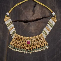 Kushal's Fashion Jewellery Gold-Plated Stone Studded & Beaded Antique Necklace-picture-36