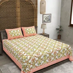 CLOTHOLOGY White & Orange Floral 180 TC King Bedsheet with 2 Pillow Covers-image-13