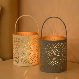 MARKET99 Set of 2 Off-White & Grey T-Lite Holders Radiating Etching Design-picture-15