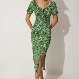 Happiness istanbul Animal Print Tie-Up Neck Puff Sleeve Sheath Midi Dress-image-12