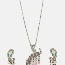 Priyaasi Silver Plated Pink Beaded Oxidized Peacock Necklace & Earrings image 4