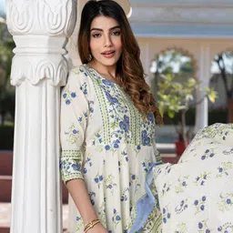 KALINI Women Floral Printed Regular Pure Cotton Kurta with Trousers & With Dupatta image 5