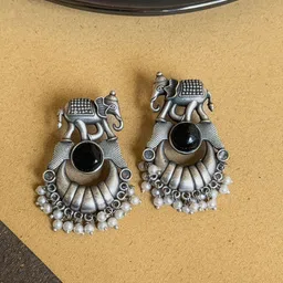 NAMAN ARTS Silver-Plated Artificial Stones Studded And Beaded Contemporary Drop Earrings-picture-50