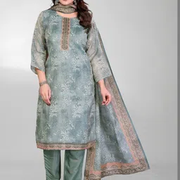 HERE&NOW Ethnic Motifs Printed Thread Work Linen Kurta with Trousers & With Dupatta-picture-19
