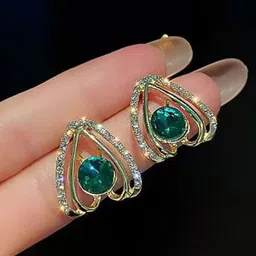 KRENOZ Gold-Plated Cubic Zirconia Studded Heart Shaped Studs image 2