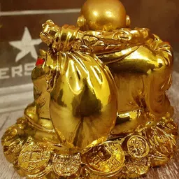 Afterstitch Gold Laughing Buddha Sitting On Bundle Of Coins Idol Statue Showpiece image 2