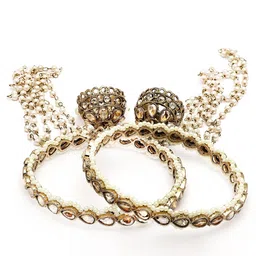 KARATCART Set Of 2 Gold-Plated Stone-Studded & Beaded Jhumka Bangles image 2