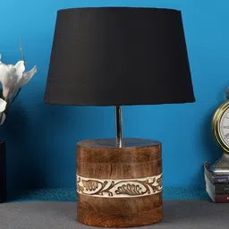 foziq Black Shade Table Lamp With Brown & Off White Woodden Base image 2