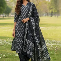 Varanga Ethnic Motifs Printed V-Neck Angrakha A-Line Kurta With Patiala & Dupatta-image-54