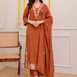 Moda Rapido Women Floral Embroidered Regular Thread Work Kurta with Trousers & With Dupatta image 3