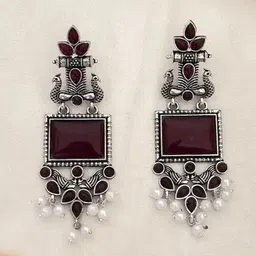 Anouk Silver-Plated Artificial Stones Studded & Beads Beaded Square Oxidised Drop Earrings image 4