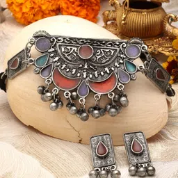 Moedbuille Silver-Plated Stone-Studded & Beaded Oxidised Jewellery Set-picture-31