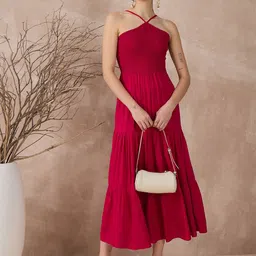 RARE Women Tie-Up Neck Tiered Smoked Detail Fit & Flare Maxi Dress image 4